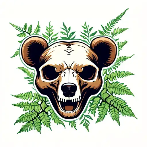 bear skull with ferns sprouting tattoo design idea