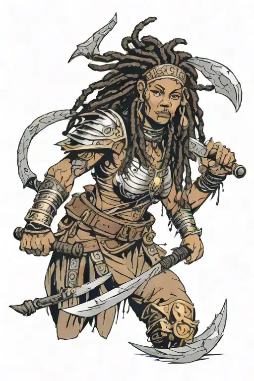 Curvy bi-racial female warrior with dreadlocks in two armor and war paint on her face holding wielding two axes in a war tattoo design idea