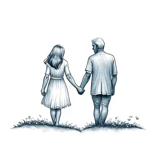 grandMother and grandfather holding hands in heaven 25 year old granddaughter in the middle, from behind tattoo design idea