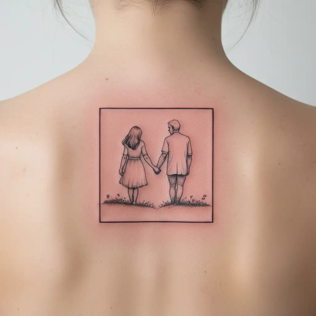 grandMother and grandfather holding hands in heaven 25 year old granddaughter in the middle, from behind tattoo design idea