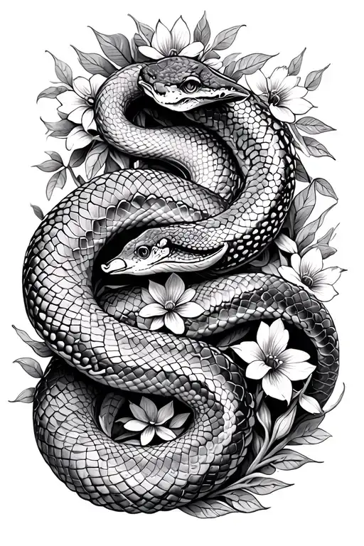snake intertwinend mandala and flowers growing tattoo design idea