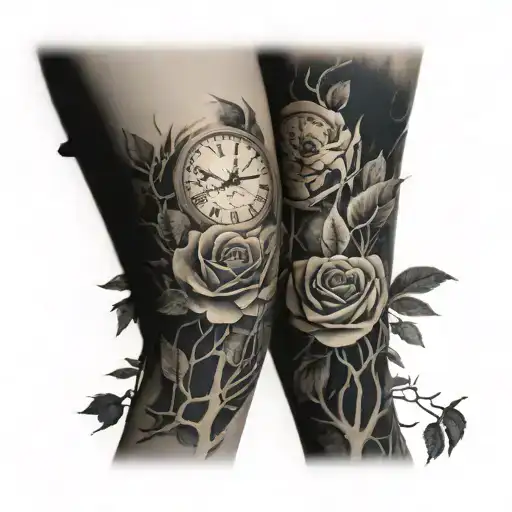 trees roses river clock tattoo design idea
