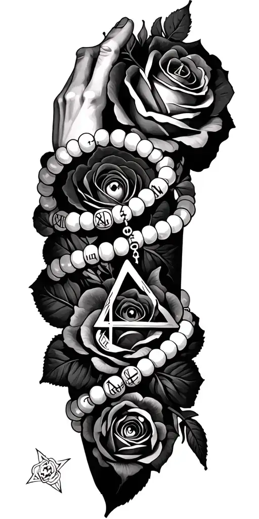 roses wrapping around arm with a cross in rosary beads, Roman numerals and on the wrist an eye inside a triangle, shadin tattoo design idea