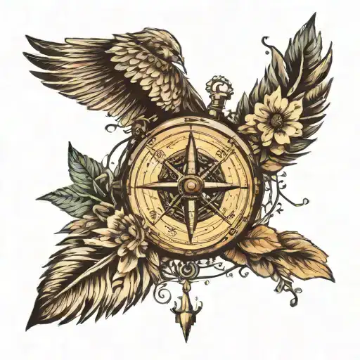 compass with rooted tree, vintage stamp, sparrow and wings  tattoo design idea