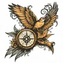 compass with rooted tree, vintage stamp, sparrow and wings  tattoo design idea