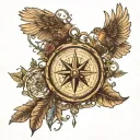 compass with rooted tree, vintage stamp, sparrow and wings  tattoo design idea
