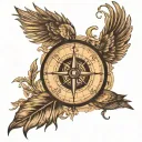 compass with rooted tree, vintage stamp, sparrow and wings  tattoo design idea
