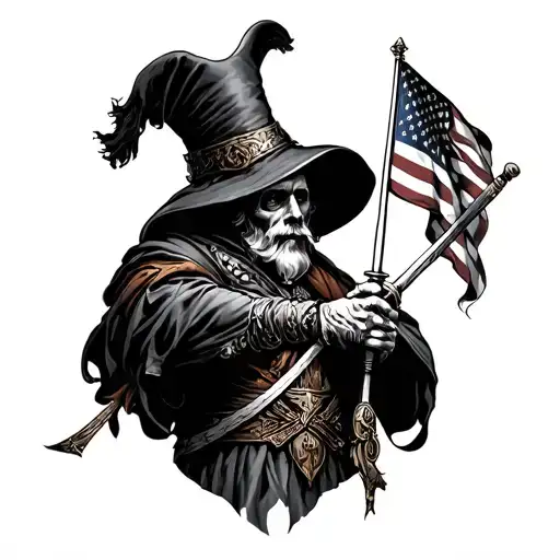 Saint Florian sleeve with American flag and plague doctor all black and white tattoo design idea