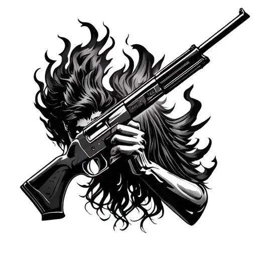 Rockertot head, fire hair, Kalashnikov in hand, fire in the background, black angel, tattoo design idea