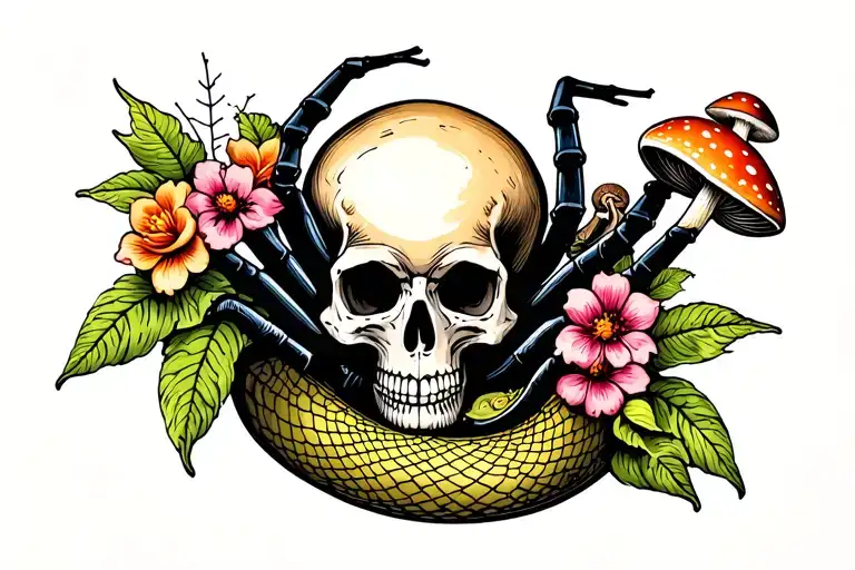 Spider with webs, and a skull with flowers and some mushrooms with a snail on the mushroom add in a snake and some butte tattoo design idea