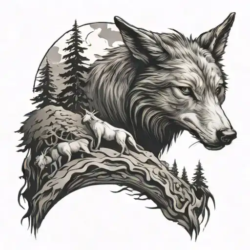 Illustrate a scene of a wolf exploring and it sees a goat which is part of the wolf tattoo design idea