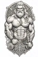 Super muscled Atlas Greek God with long silver hair and beard lifting weights tattoo design idea