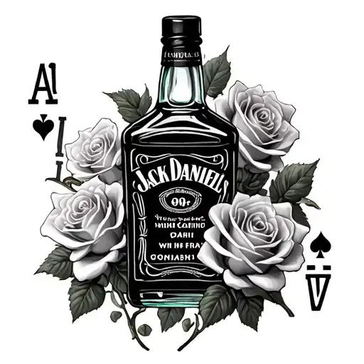 roses with vines and deck of cards with jack daniels bottle  tattoo design idea