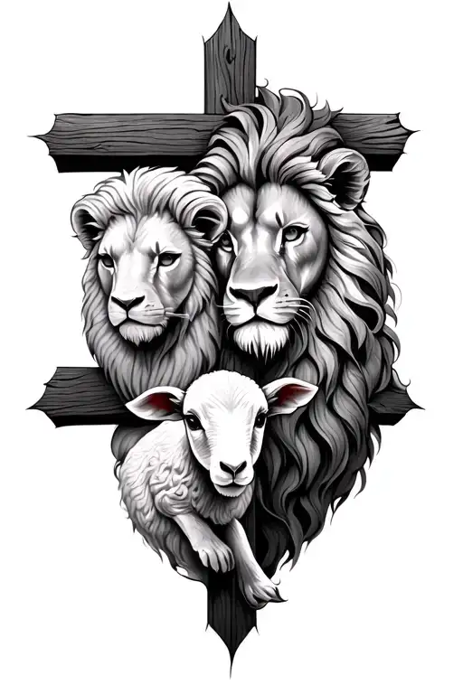 a lion and a lamb on opposite sides of a cross tattoo tattoo design idea