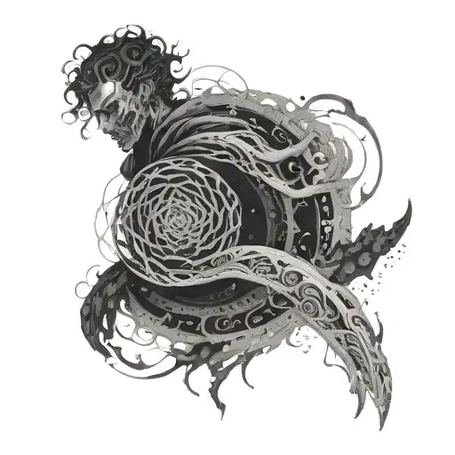 A dark and mysterious figure emerging from a swirling vortex, inspired by the final destination movie series, with intricate dotwork details tattoo design idea