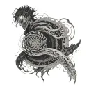 A dark and mysterious figure emerging from a swirling vortex, inspired by the final destination movie series, with intricate dotwork details tattoo design idea