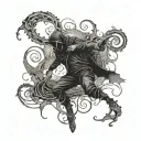 A dark and mysterious figure emerging from a swirling vortex, inspired by the final destination movie series, with intricate dotwork details tattoo design idea