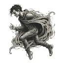 A dark and mysterious figure emerging from a swirling vortex, inspired by the final destination movie series, with intricate dotwork details tattoo design idea