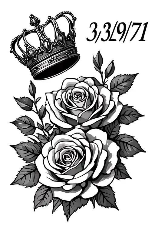 Birth date 03/29/1971 with crown and roses tattoo design idea