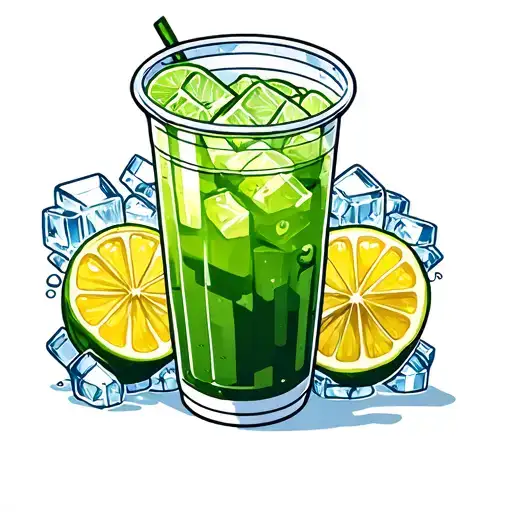 plastic cup, green drink inside, whit ice inside. no lemon, no lime near, near some ice and decoration tattoo design idea