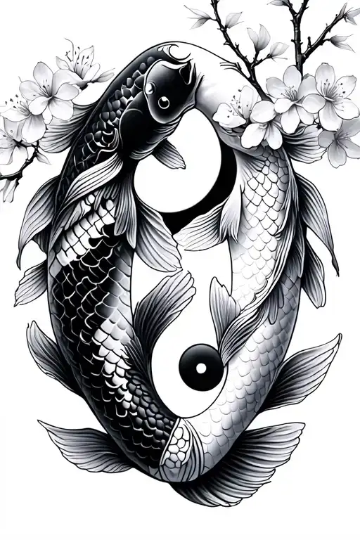 two koi fish yin yang with cherry blossom branch intertwined tattoo design idea
