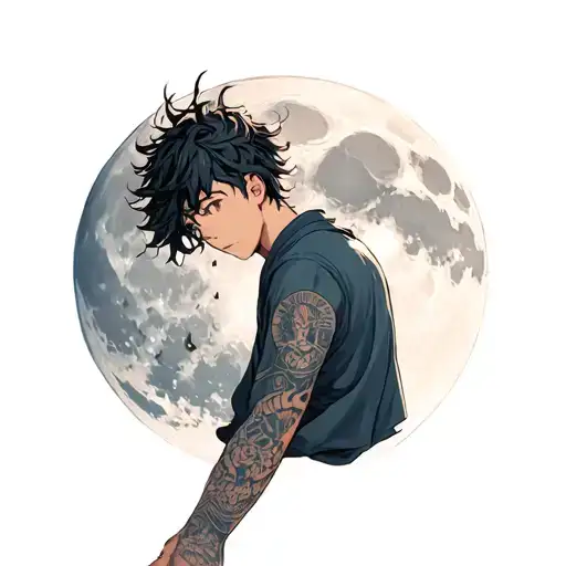 "Amir" 19-year-old boy with anime hair ascending to the sky, and the background is a big moon tattoo design idea