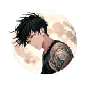 "Amir" 19-year-old boy with anime hair ascending to the sky, and the background is a big moon tattoo design idea