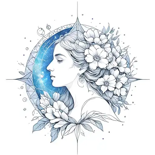 A celestial woman ntricate sacred geometry patterns intertwined with blooming flowers and galaxies in the background tattoo design idea