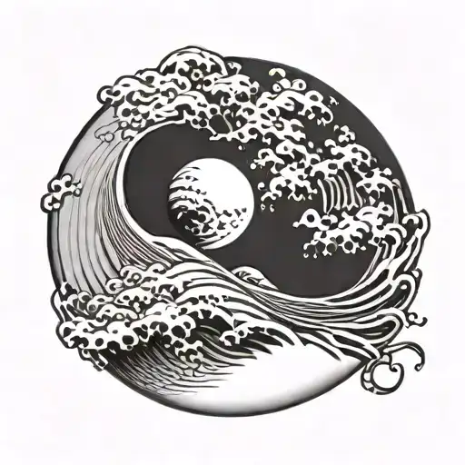 waxing gibbous moon and a wave as a yin yang shape tattoo design idea