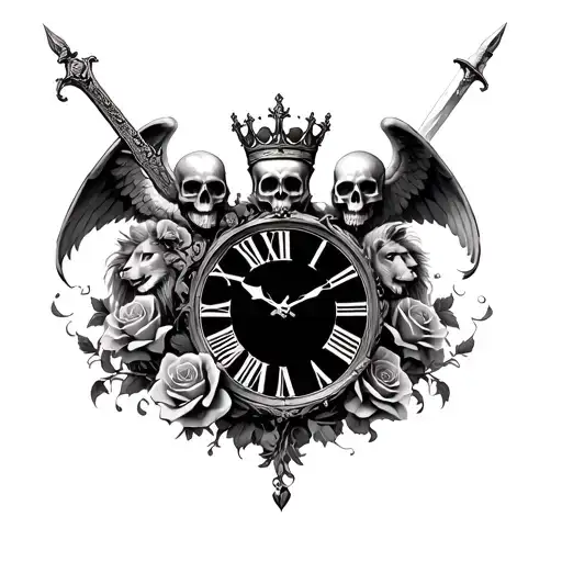 Roman numeral clock set to 7:07, two skulls wearing crowns, roses, sword, flowing smoke, lion, angel, wings tattoo design idea
