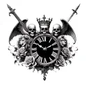 Roman numeral clock set to 7:07, two skulls wearing crowns, roses, sword, flowing smoke, lion, angel, wings tattoo design idea