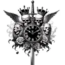 Roman numeral clock set to 7:07, two skulls wearing crowns, roses, sword, flowing smoke, lion, angel, wings tattoo design idea