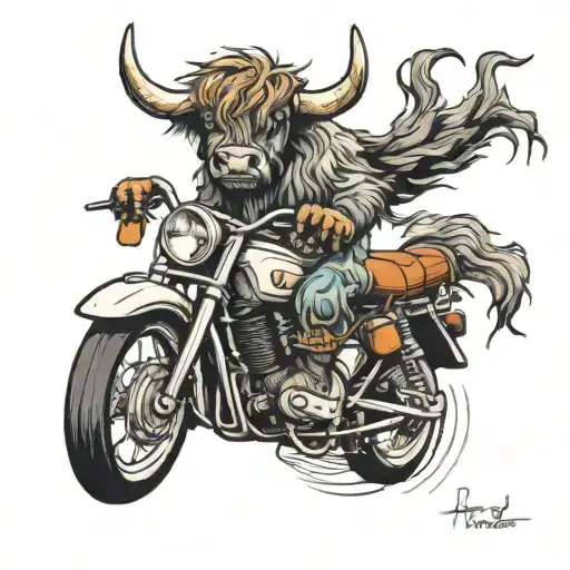 highland cow on a motorbike riding tattoo design idea