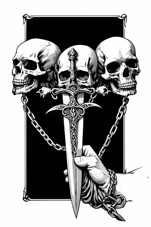pile of skulls at the base by the wrist with a Irish dagger stabbed into them held down by chains  tattoo design idea