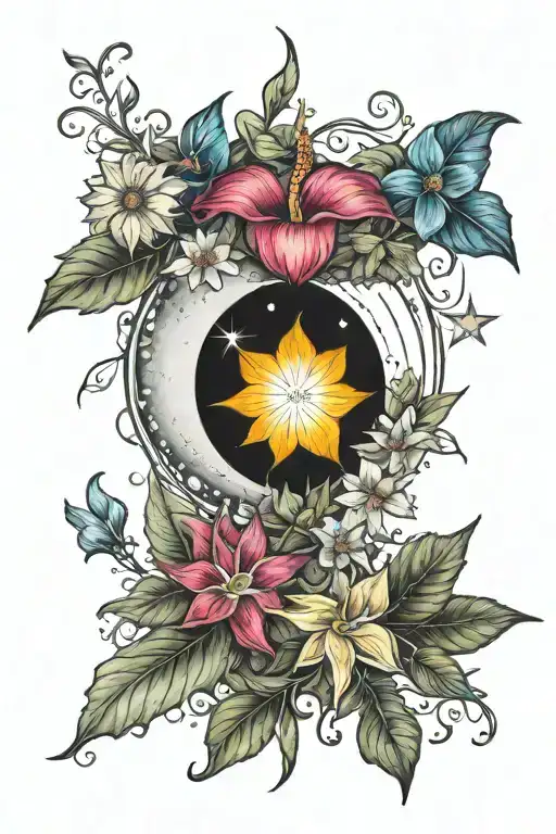 moon and stars and moonflower tattoo design idea