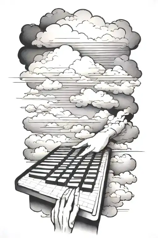 keyboard running down to wrist wrapping around forarm. clouds as filler tattoo design idea
