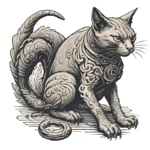 The black cat sphinx walks like a gargoyle. he smokes a pipe. There is a dead rat in the left paw. There is a dead crow  tattoo design idea