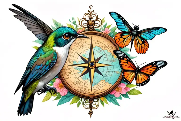 HUMMINGBIRD, DRAGONFLY, HAWK, OWL, BUTTERFLY, PEACOCK WITH COMPASS AND TREASURE MAP IN THE BACKGROUND tattoo design idea