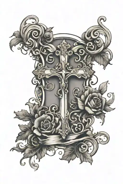 feminine cross with vines and banner wrapped tattoo design idea