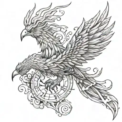 A mythical creature like a phoenix or dragon, symbolizing rebirth and strength, with musical elements incorporated tattoo design idea