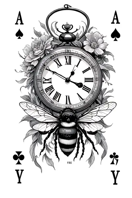 clock,Sol, Fay, Bee, ,ace card featuring elements inspired tattoo design idea