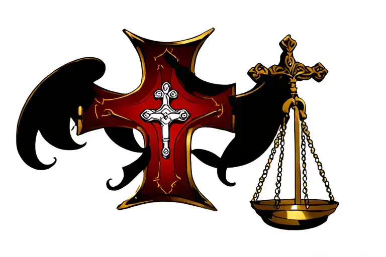 scales of justice and cross tattoo design idea