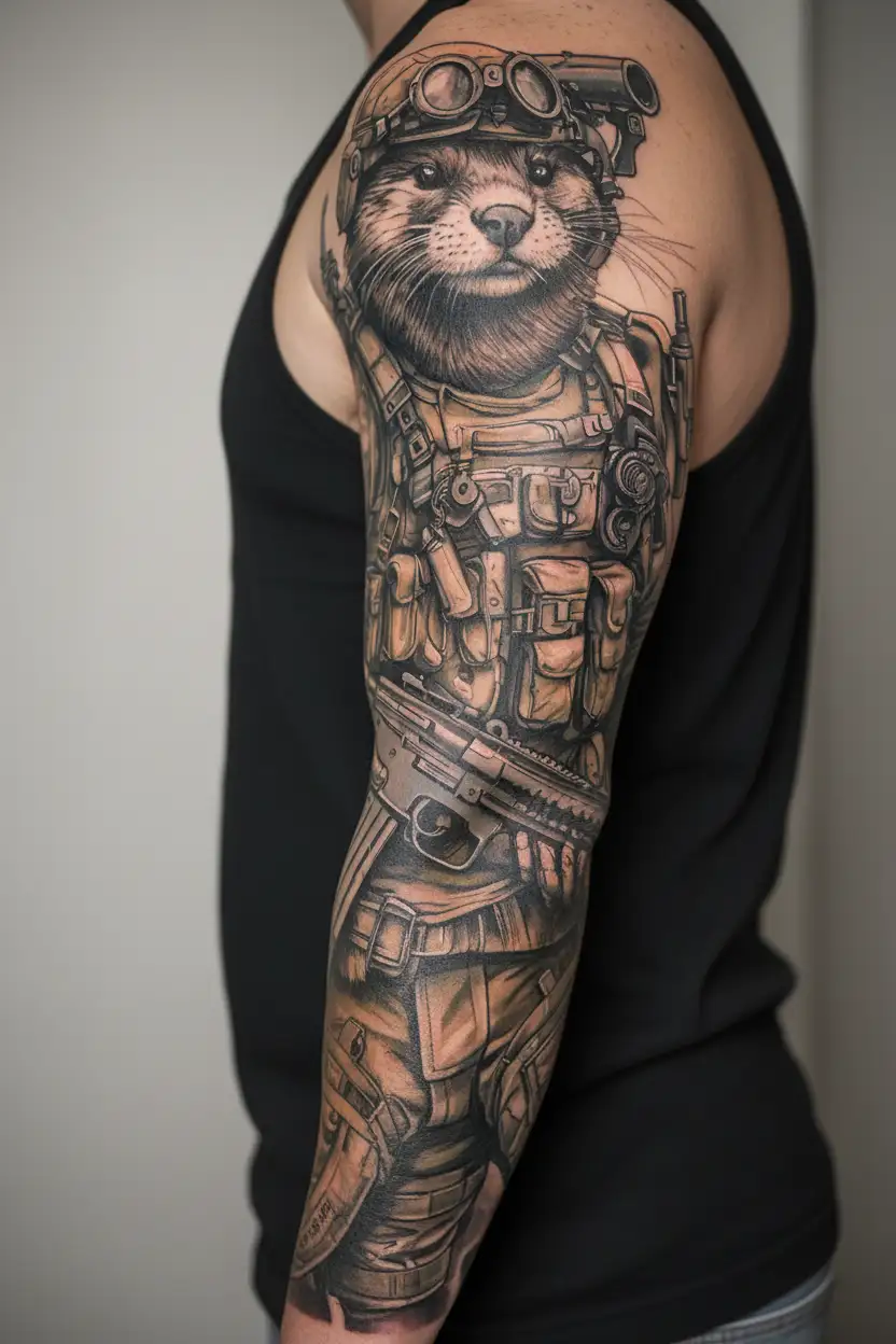 military otter full gear with gun a wrench  tattoo design idea