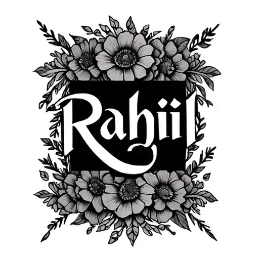 "Rahil" Cursive writing name written not bold floral frame tattoo design idea