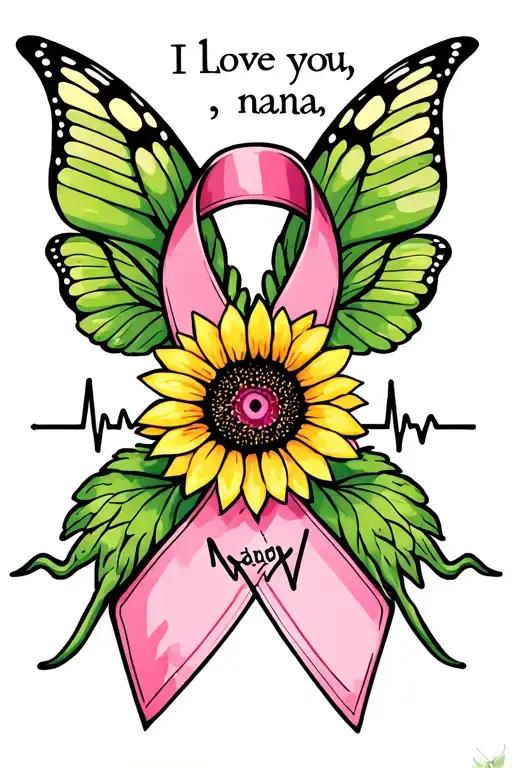 "I love you, nana " pink cancer ribbon with green butterfly wings and a sunflower through the middle with heartbeat. saying  tattoo design idea