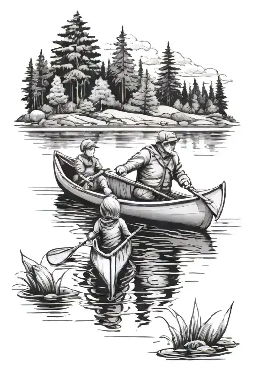 Canoe dad and son sailing in lake tattoo design idea