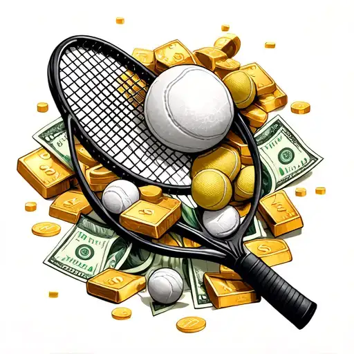 A unique full forearm tattoo design featuring themes of money (cash, gold bars, dollar signs), tennis (rackets, balls, d tattoo design idea