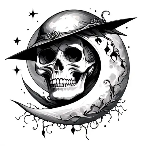 skull and witchy vibes with moon tattoo design idea