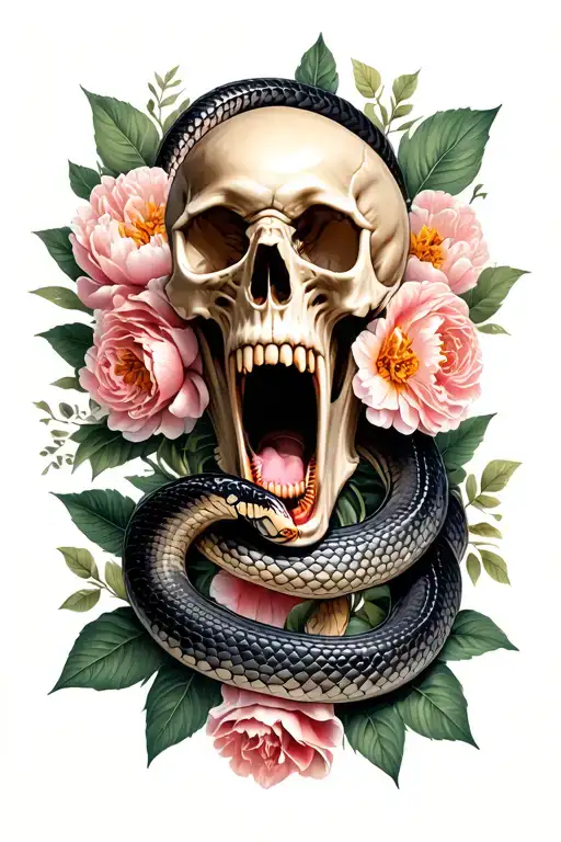 screaming skull, large snake wraps the skull, in the background leaves and flowers of peonies tattoo design idea