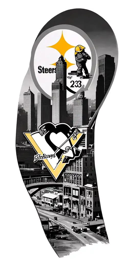 Pittsburgh skyline, Steelers logo, construction worker, iron worker, penguins logo, incline, 1933 tattoo design idea
